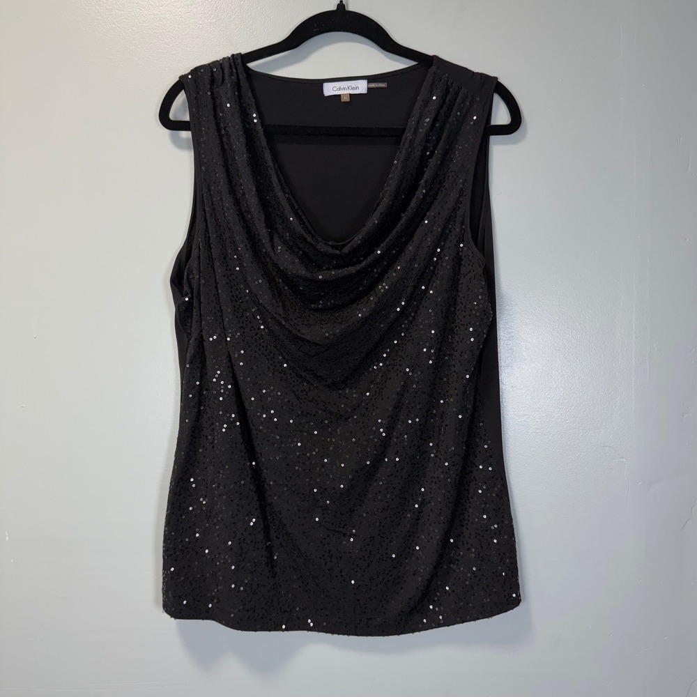 Calvin Klein Black Sequin Cowl Neck Sleeveless Blouse‎ Top Womens XL